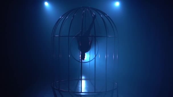 Chica en una jaula realiza acrobacias gimnásticas en un aro. Fondo de humo azul. Silueta. Movimiento lento — Vídeos de Stock