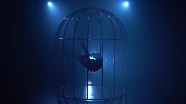 Actriz una chica en un aro de gimnasia realiza trucos en una jaula en el escenario en la oscuridad. Fondo de humo azul. Silueta. Movimiento lento — Vídeo de stock