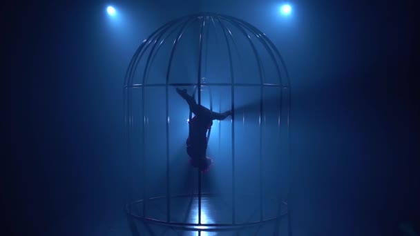 Akrobatik im Käfig führt Turnstunts an einem Reifen auf. blauer Rauchhintergrund. Silhouette. Zeitlupe — Stockvideo