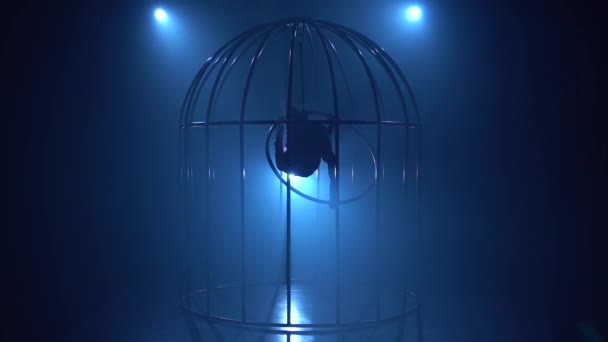 Scenframställning av en antenn gymnast på en hoop i en bur. Blå rök bakgrund. Siluett. Slow motion — Stockvideo