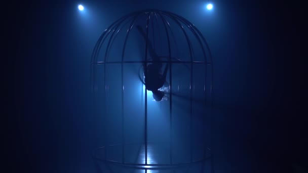 Silhouet van een meisje op een hoepel spinnen op het podium in een kooien. Blauwe rook achtergrond. Slow motion — Stockvideo