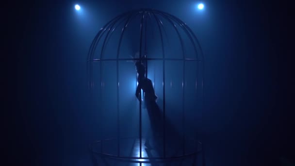 Ragazza in una gabbia fa acrobazie su un cerchio in una stanza buia. Fondo blu fumo. Silhouette. Rallentatore — Video Stock