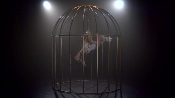 身穿鸟服的女孩在空中旋转的笼子里表演舞台 黑烟背景 慢动作 — 图库视频影像