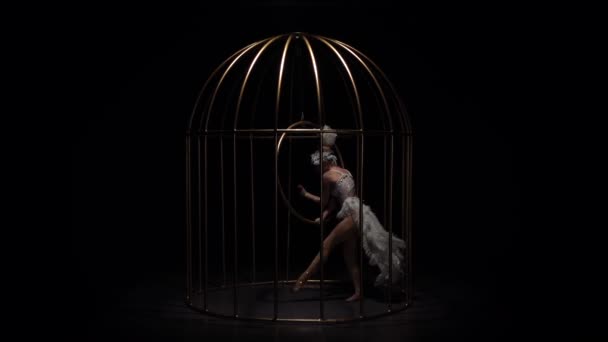 Gymnaste en costume d'oiseau chevauchant un cerceau dans une cage sur scène sombre. Fond noir. Mouvement lent — Video