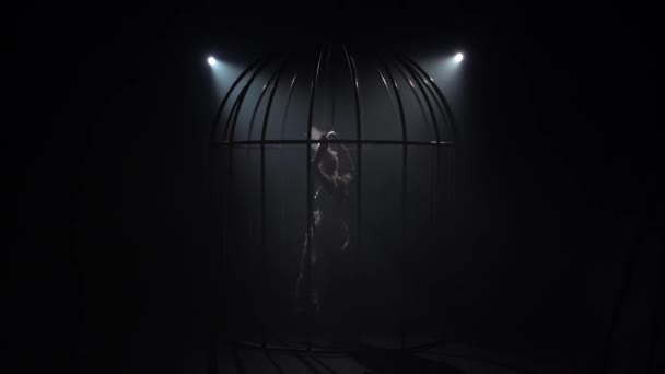 Gimnasta en una escena en una jaula realiza acrobacias en traje de pájaro. Fondo negro. Silueta. Movimiento lento — Vídeos de Stock