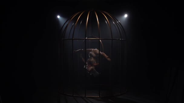 Fille tournant sur un cerceau dans une cage d'or. Fond de fumée noire. Mouvement lent — Video