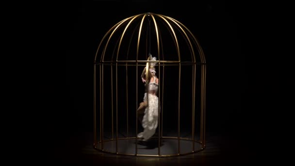 Anmutiges Mädchen im Vogelkostüm, das einen Reifen in einem Käfig auf der Bühne reitet. schwarzer Hintergrund — Stockvideo