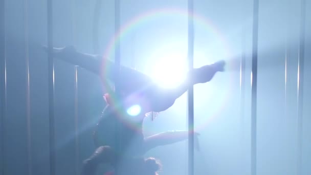Akrobatikus tornász teljesítmény egy spinning karika egy ketrecben a színpadon, a füst. Füst háttér. Lassú mozgás. Közelről. Sziluettjét — Stock videók