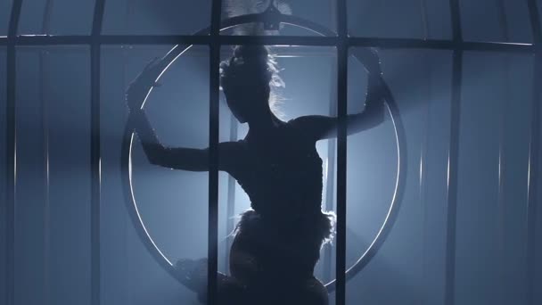 Acrobat-meisje in een kooi spinnen op de lucht hoepel. Rook achtergrond. Slow-motion. Close-up. Silhouet — Stockvideo