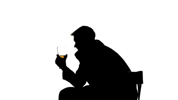 Il boit de la bière dans un verre. Vue latérale. Silhouette Fond blanc — Video