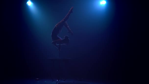 Fille effectue sur scène avec diverses cascades acrobatiques dans un costume brillant. Fond bleu fumée. Au ralenti. Silhouette — Video