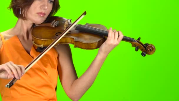 Женщина в платье играет на скрипке. Зеленый экран — стоковое видео