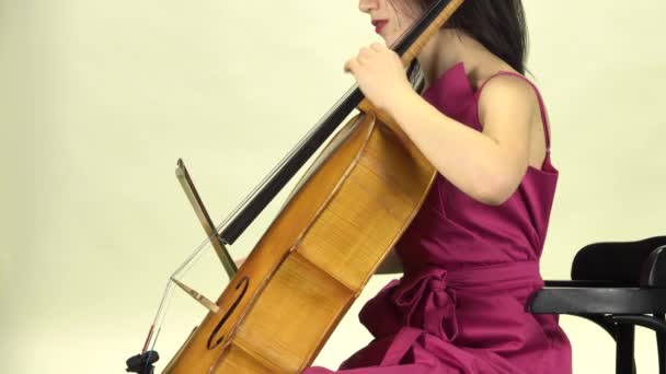 La mujer se sienta y toca el violonchelo. Vista lateral. Fondo blanco — Vídeos de Stock