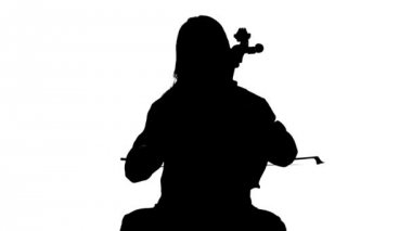 Kadın beyaz studio Viyolonsel müzik çalar. Beyaz arka plan. Siluet