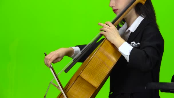 Une femme joue du violoncelle. Écran vert. Vue latérale. Gros plan — Video