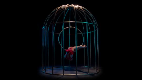 Actress Girl Red Costume Gymnastic Hoop Performs Tricks Cage Stage — Stock Video