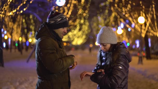 Любляча пара гуляє взимку — стокове відео