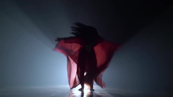 이국적인 배꼽 댄서 여자 그녀의 엉덩이 흔들어입니다. 연기 배경입니다. Sihouette — 비디오