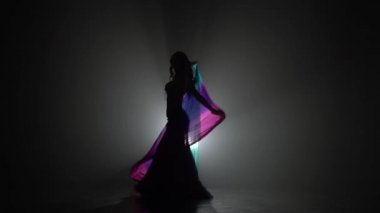 Egzotik dansöz kadın devam dans fanlar kullanır. Sihouette. Siyah duman arka plan