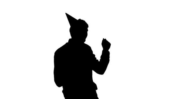 Man Funny Cap Dances Party Birthday White Background Silhouette — Stock Video