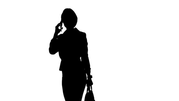 Σιλουέτα γυναίκα φωνάζει και υποστηρίζουν στο τηλέφωνο. Λευκό φόντο. Σιλουέτα — Αρχείο Βίντεο