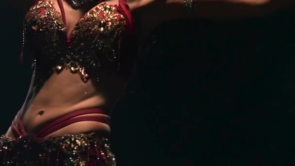 Torso of a belly dancer who is starting shaking her hips. Black background. Slow motion. Close up — Stock Video