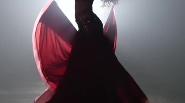 Bir kız kadın dansçı parlak ince gövdesinde. Duman geçmişi. Yavaş hareket. Kapat şunu. Sihouette