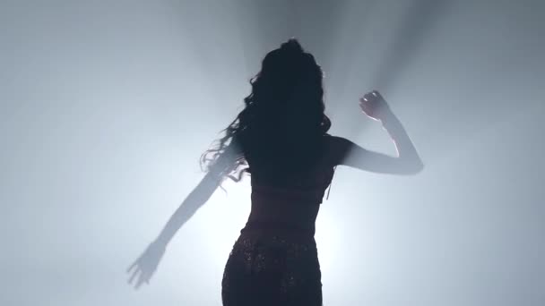 Vrouw beweegt seksueel haar semi naakt lichaam. Rook achtergrond. Sihouette — Stockvideo