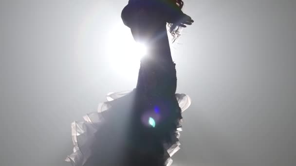 Танцовщица живота арабианка в экзотическом платье танцующая экзотический танец. Дымовой фон. Медленное движение — стоковое видео