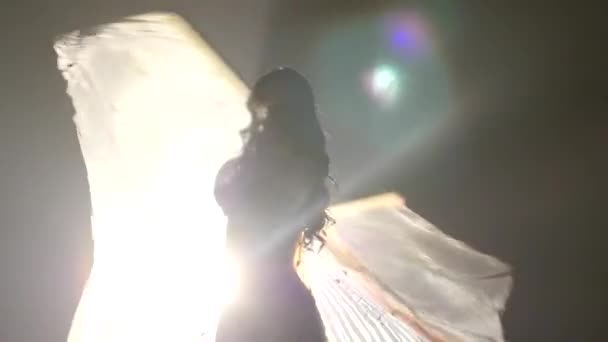 Danseres meisje in een wit pak handen als vleugels. Rook achtergrond. Slow Motion. Sihouette — Stockvideo