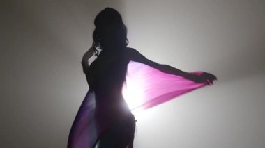 Girl starts dancing belly dance with multicolored shawl. Sihouette . Smoke background. Slow motion. Close up
