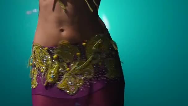 Torso of a exotic female belly dancer . Smoke background. Slow motion. Close up — Stock Video