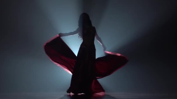 그녀의 움직임을 춤 배꼽은 드레스에 고유 합니다. 연기 배경입니다. 시 후 엣. 슬로우 모션 — 비디오