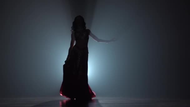 여자는 검은 연기 배경에 드레스 춤. 시 후 엣. 슬로우 모션 — 비디오