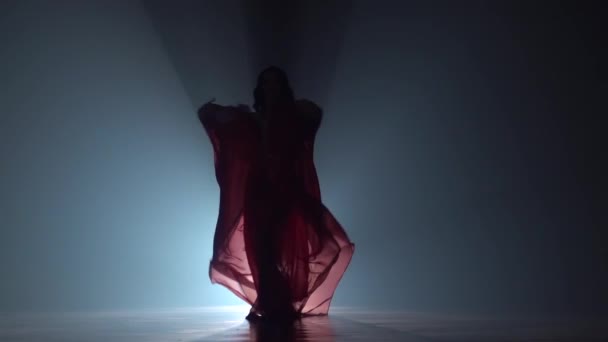 Dansen buikdansen haar bewegingen zijn uniek in chiffon jurk. Rook achtergrond. Sihouette. Slow Motion — Stockvideo