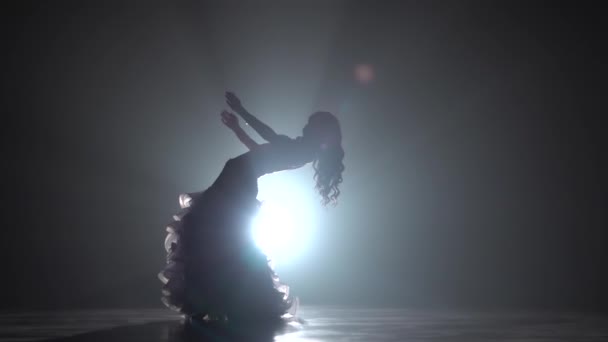 Kobieta wykonuje w ciemnym studiu tańca brzucha. Tło dymu. Zwolnionym. Zbliżenie — Wideo stockowe