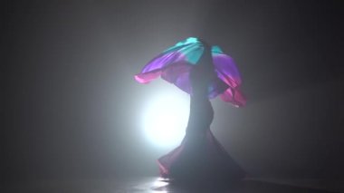 Egzotik oryantal dansçı kadın devam dans hayranları kullanır. Sihouette, hayır. Siyah duman arka plan. Yavaş hareket