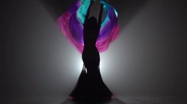 Elleri dans göbek dans bir peçe ile kız. Sihouette, hayır. Siyah duman arka plan. Yavaş hareket