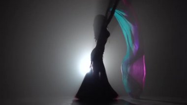 Egzotik oryantal dansçı kadın devam dans hayranları kullanır. Sihouette, hayır. Siyah duman arka plan. Yavaş hareket