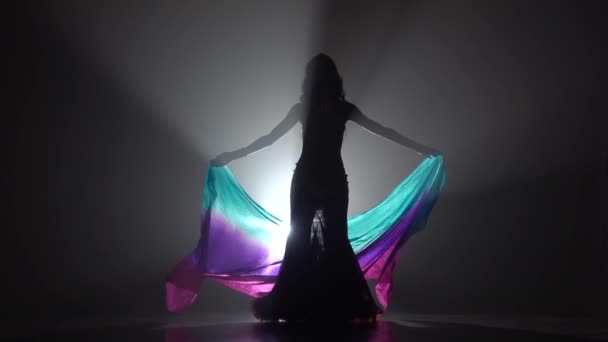 Lány egy fátyol a kezében táncoló hastánc. A sihouette. Fekete füst háttér. Lassított mozgás — Stock videók