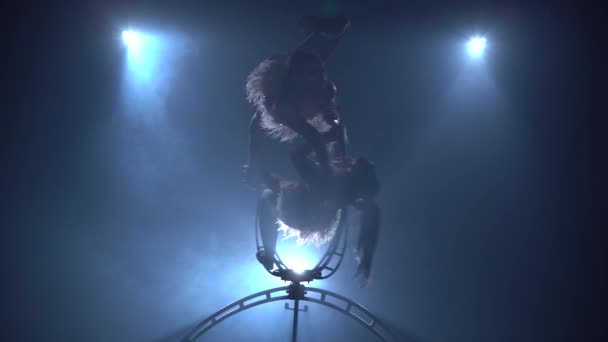 Trucos de circo de dos chicas rotando en un aro de metal. Fondo de humo negro. Silueta — Vídeo de stock
