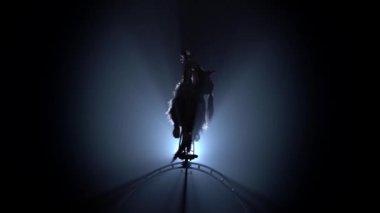 Hava iki jimnasir döndürün. Siyah duman arka plan. Siluet