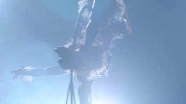 Hava jimnasürleri bir yapı üzerinde döndürün. Siyah duman arka plan. Siluet. Yavaş hareket. Yakın çekim