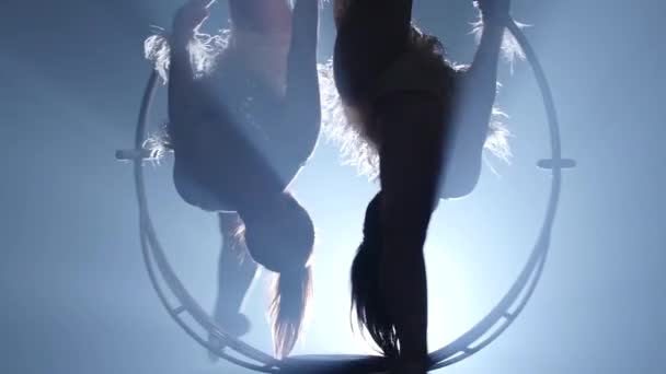 Graceful element in the aerial hoop. Black smoke background. Slow motion. Close up. Silhouette — Stock Video