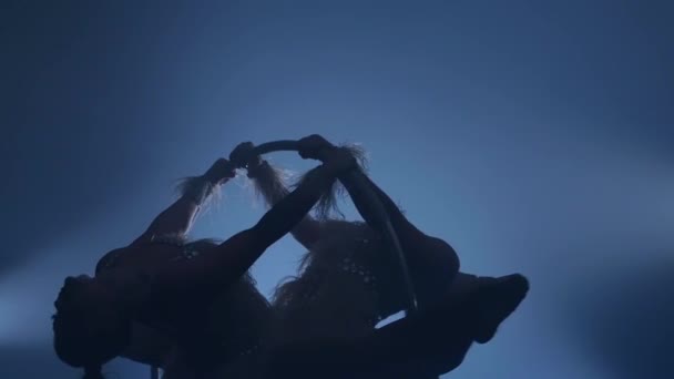 Graceful element in the aerial hoop. Black smoke background. Slow motion. Close up. Silhouette — Stock Footage Graceful element in the aerial hoop. Black smoke background. Slow motion. Close up. Silhouette Stock Video