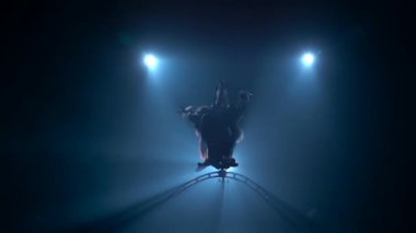 İki esnek Jimnastikteki hava çemberinde hüner gerçekleştirir. Siyah duman arka plan. Yavaş hareket. Siluet