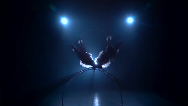 两个米色紧身衣的女平衡器躺在黑色背景的空中吊环上。剪影。慢动作 — 图库视频影像