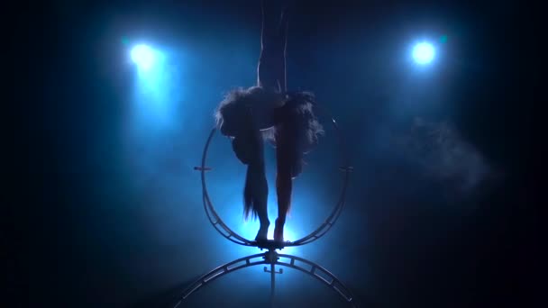 De professionele gymnasts draaien en voeren diverse stunts uit. Zwarte rook achtergrond. Silhouet. Slow Motion — Stockvideo