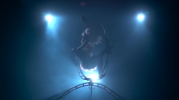 Two girsl in makes graceful element in the aerial hoop. Black smoke background. Slow motion. Silhouette — Stock Video