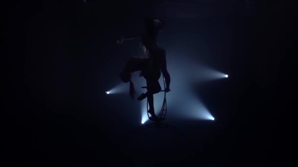 Truc op de antenne hoepel twee flexibele gymnasts presteert. Zwarte rook achtergrond. Slow Motion. Silhouet — Stockvideo